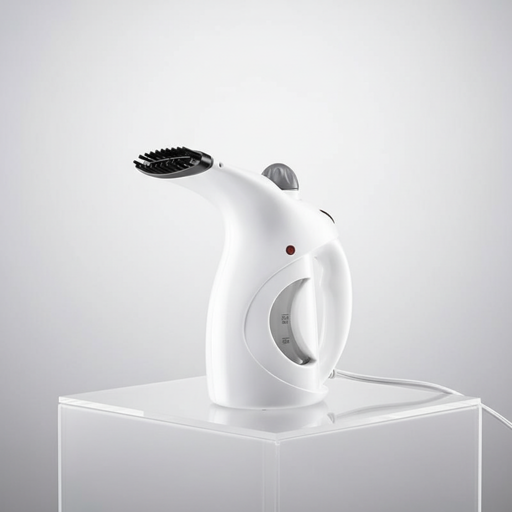 White handheld steamer on a clear stand with a corner table in the house behind this picture with a standing flower pot 